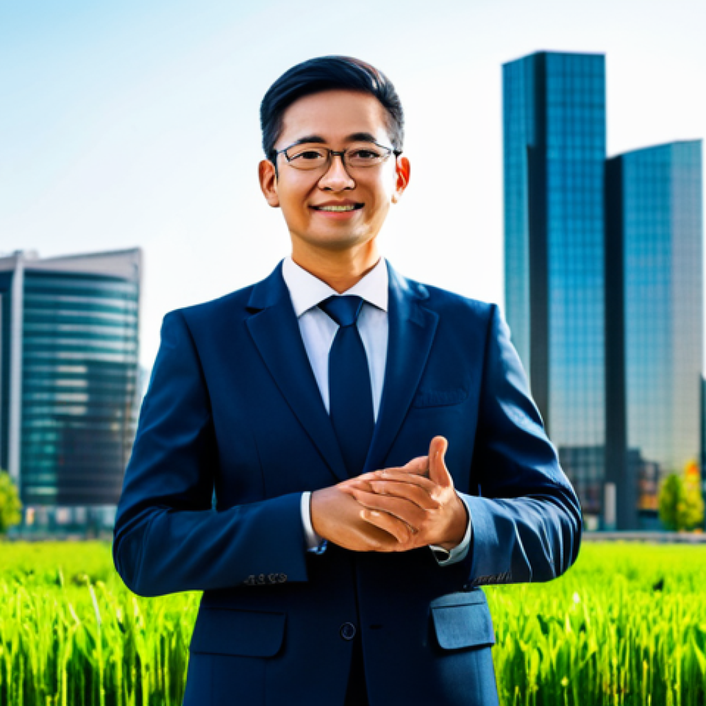 A professional individual, a local development expert, standing confidently in a modest, professional business suit. The background subtly blends elements of a vibrant, modern cityscape with digital data displays and green, sustainable rural landscapes, symbolizing expertise across urban and rural development. The lighting is bright and optimistic. Perfect anatomy, correct proportions, natural pose, well-formed hands, proper finger count, natural body proportions, professional photography, high quality, fully clothed, modest clothing, appropriate attire, professional dress, safe for work, appropriate content, family-friendly.