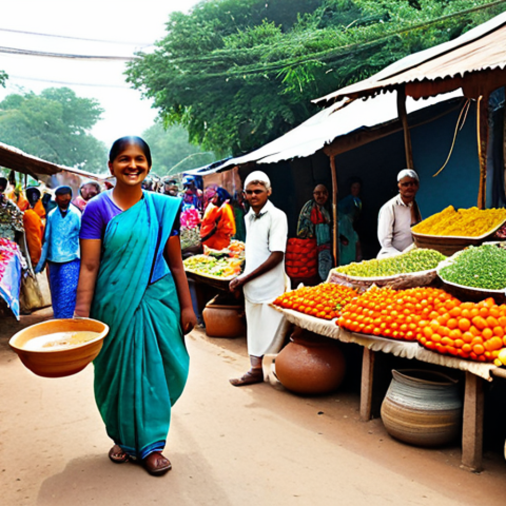 Promoting Local Products**
"A vibrant local market scene in a rural Indian village, showcasing handcrafted goods, fresh produce, and smiling vendors. Fully clothed shoppers browse stalls filled with colorful textiles, pottery, and organic vegetables. Background: traditional houses and lush greenery. Safe for work, appropriate content, fully clothed, family-friendly, professional photography, perfect anatomy, natural proportions."
**