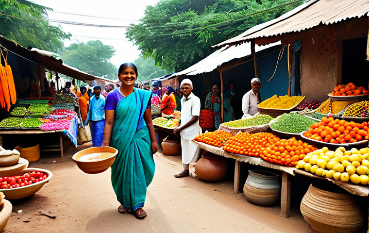 Promoting Local Products**

"A vibrant local market scene in a rural Indian village, showcasing handcrafted goods, fresh produce, and smiling vendors. Fully clothed shoppers browse stalls filled with colorful textiles, pottery, and organic vegetables. Background: traditional houses and lush greenery. Safe for work, appropriate content, fully clothed, family-friendly, professional photography, perfect anatomy, natural proportions."

**