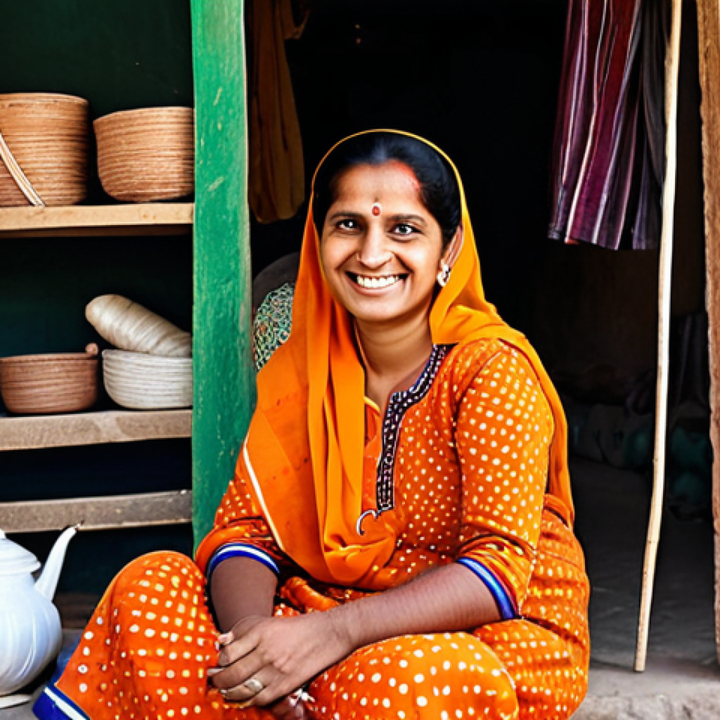 **Empowered Rural Woman Entrepreneur:** A smiling Indian woman, fully clothed in a modest salwar kameez, confidently managing her small business (e.g., crafting handmade goods) in a vibrant village setting. Background shows a well-maintained workshop or storefront with locally sourced materials. Perfect anatomy, natural pose, professional photography, safe for work, appropriate content, family-friendly, professional.