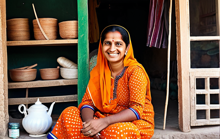 **Empowered Rural Woman Entrepreneur:** A smiling Indian woman, fully clothed in a modest salwar kameez, confidently managing her small business (e.g., crafting handmade goods) in a vibrant village setting. Background shows a well-maintained workshop or storefront with locally sourced materials. Perfect anatomy, natural pose, professional photography, safe for work, appropriate content, family-friendly, professional.