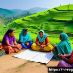 Home 14 지역개발 전문성과 일반성의 균형 - A vibrant rural community meeting in a picturesque hilly region of India, showing diverse local peop...