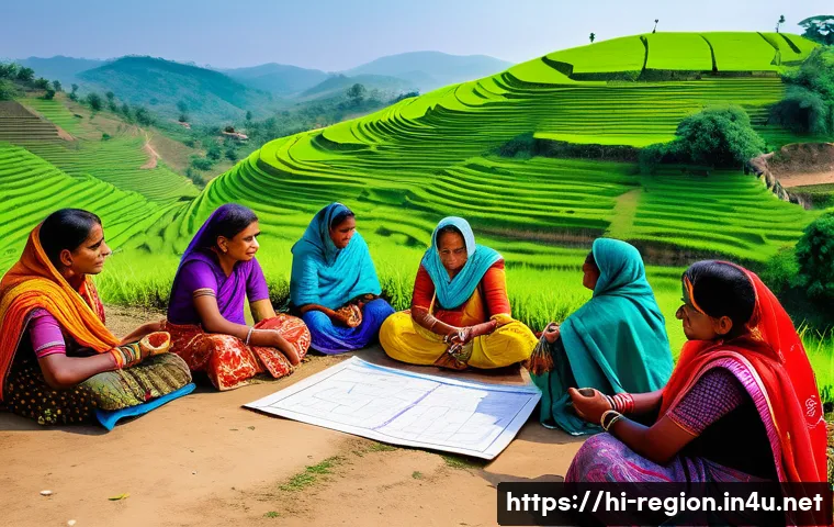 지역개발 전문성과 일반성의 균형 - A vibrant rural community meeting in a picturesque hilly region of India, showing diverse local peop...