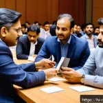 Home 13 지역개발 전문가를 위한 네트워킹 팁 - A professional networking event in an urban conference hall filled with diverse Indian regional deve...